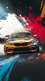 Aerodynamic BMW drift amid tricolour kinetic paint fields.