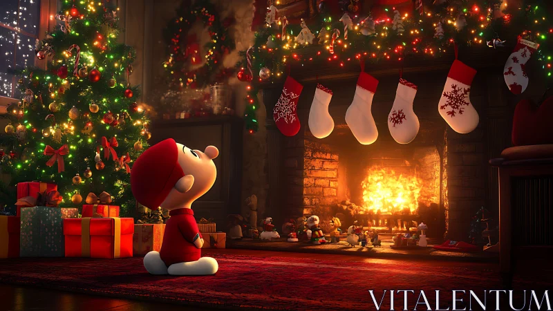 Child in red pajamas gazes at cozy Christmas fireplace scene.