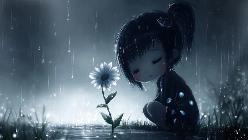 Somber chibi girl guarding a lone daisy in twilight rain.