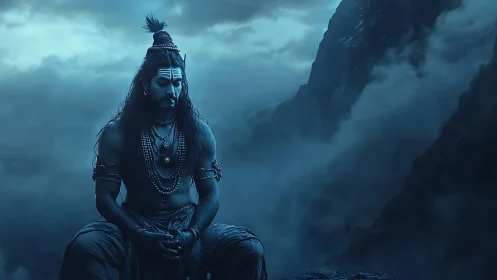 Moonlit mountain yogi in storm-kissed divine stillness.