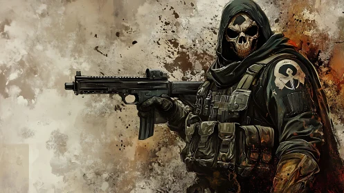 Skull masked soldier with rifle in gritty combat artwork.