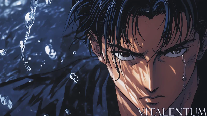 Wet anime portrait isolates intense gaze with dynamic rim lighting