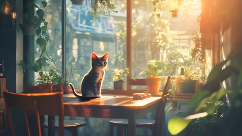 Feline Silhouette at Golden Hour Window Contemplation.