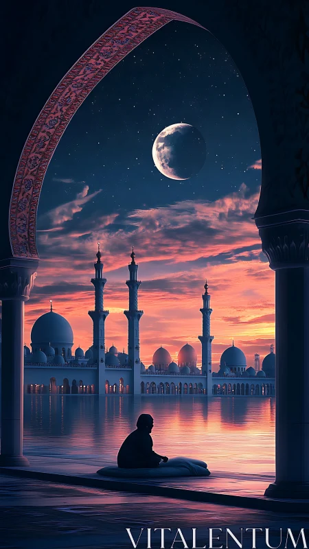 Moonlit mosque skyline viewed from arch at sunset.