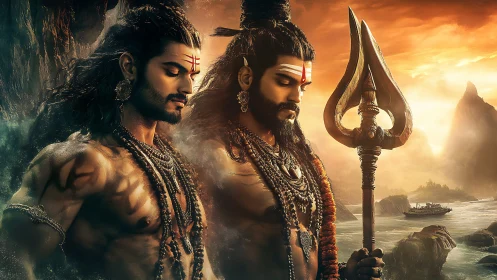 Mythic warriors stand on rocky shore under orange sunset.