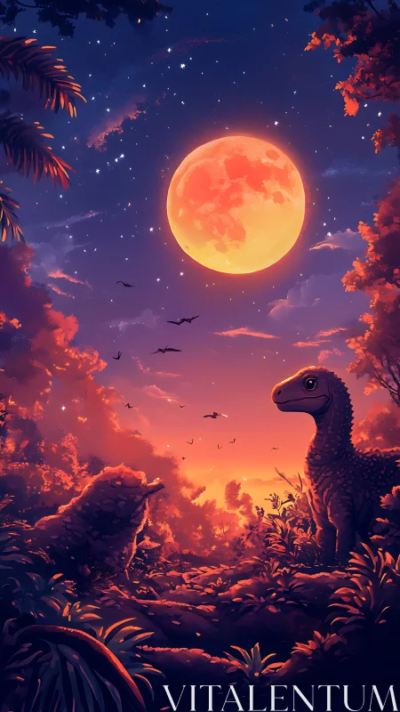 Dinosaur silhouettes under large orange moon at dusk.