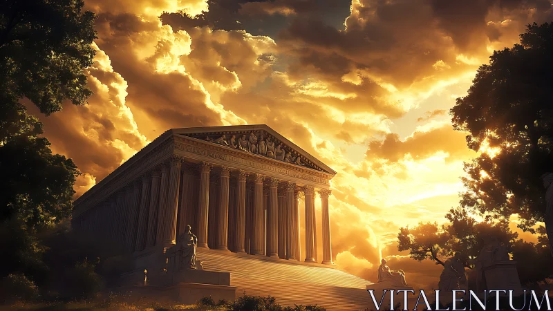 Neoclassical marble temple under dramatic golden stormlight
