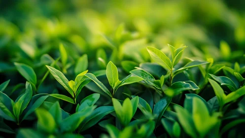 Fresh tea leaves under soft morning light in garden field.