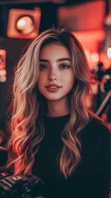 Warm studio portrait in cinematic amber glow of light.