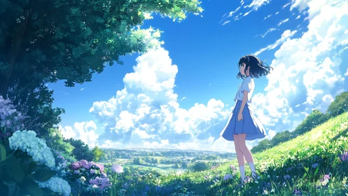 Anime landscape tableau with contemplative girl under summer sky.