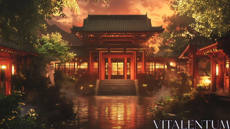 Sunlit temple courtyard reflects over tranquil water.