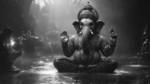 Elephant-headed deity sculpture seated in shallow reflective water.