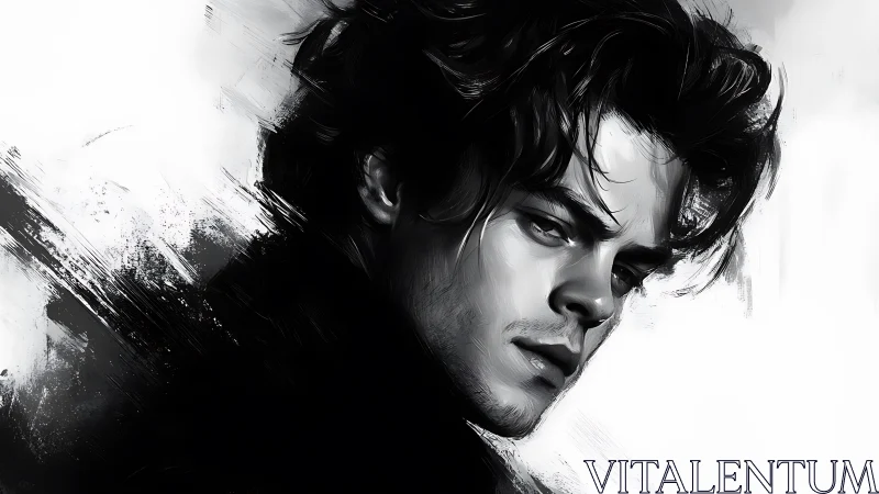 Monochrome digital portrait with expressive brush abstraction.