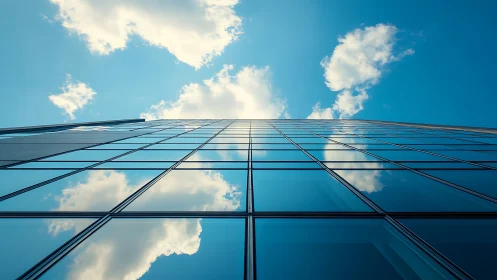 Glass tower mirrors drifting clouds in a vivid blue sky.