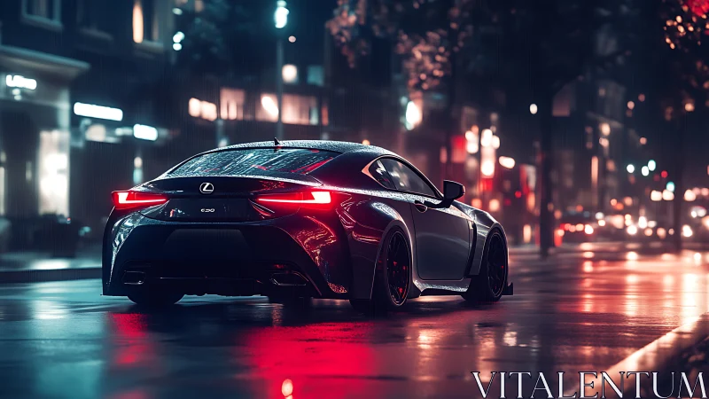 Rain-wet urban night scene renders Lexus coupe with reflective bokeh