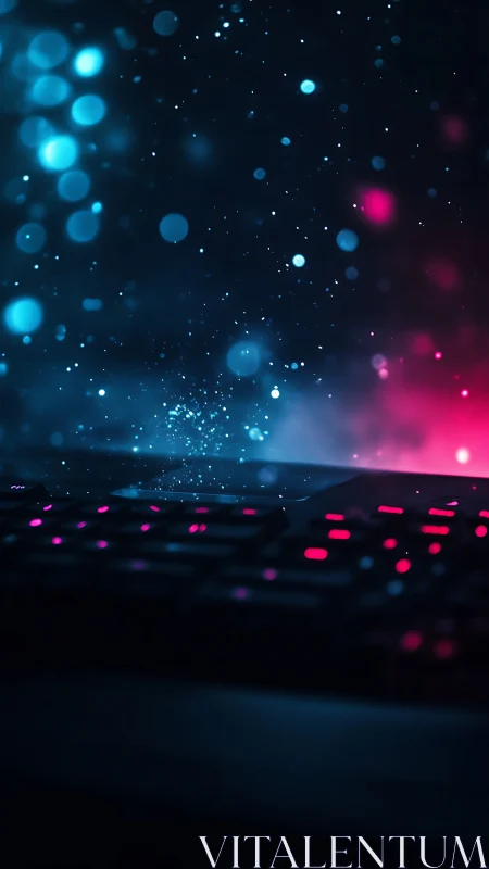 Neon keyboard glow under cyberpunk bokeh night field.