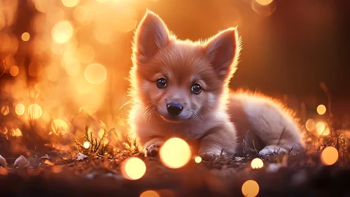 Golden dusk cuddles a fluffy puppy in gentle glowing light