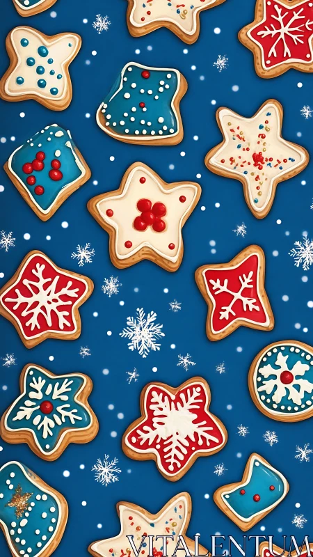 Iced holiday cookies arranged in seamless top-down festive pattern