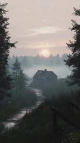 Soft sunrise welcomes a quiet cabin on a misty forest path