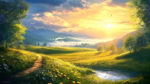 Sunlit meadow with mountains, trees, path, and pond at dawn.