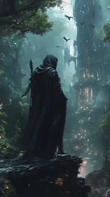 Hooded wanderer before towering forest citadel at dusk.