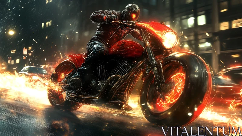 Flaming cyber rider powers through neon city street at night.