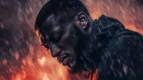 Cinematic portrait in rain with dramatic rim lighting focus.