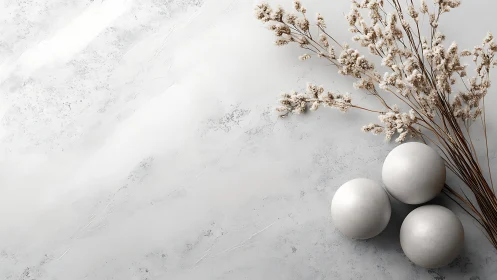 Minimalist marble still life with white spheres and dried stems.
