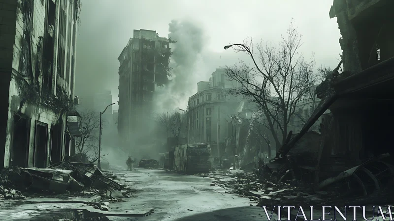 Urban street with collapsed high-rise and structural debris.