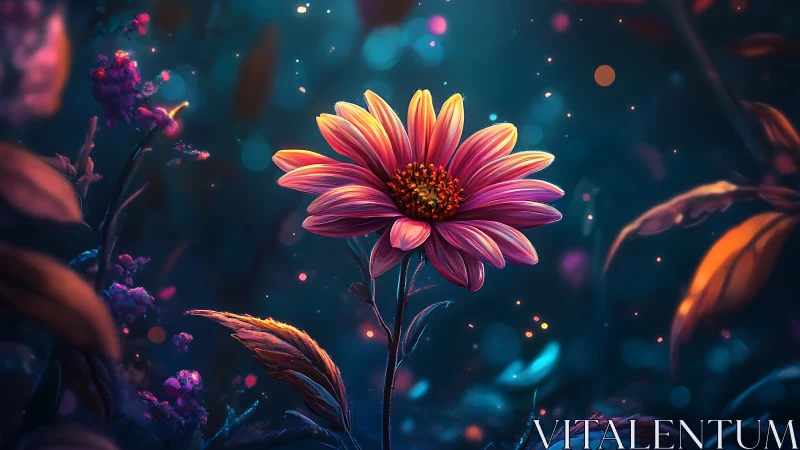 Volumetric Gerbera Daisy: Neon Pink Petals Against Teal Bokeh Atmosphere.