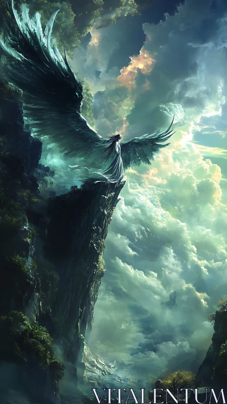 Celestial winged guardian rises over storm-lit emerald cliffs