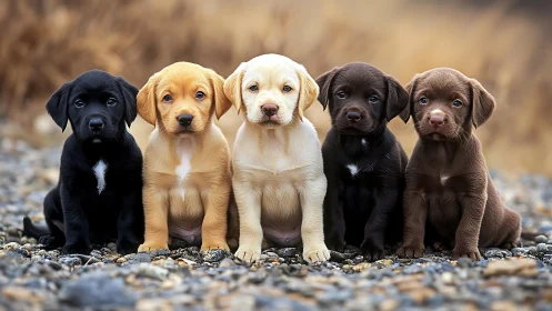 Puppy rainbow of fur sits in perfect rocky field formation
