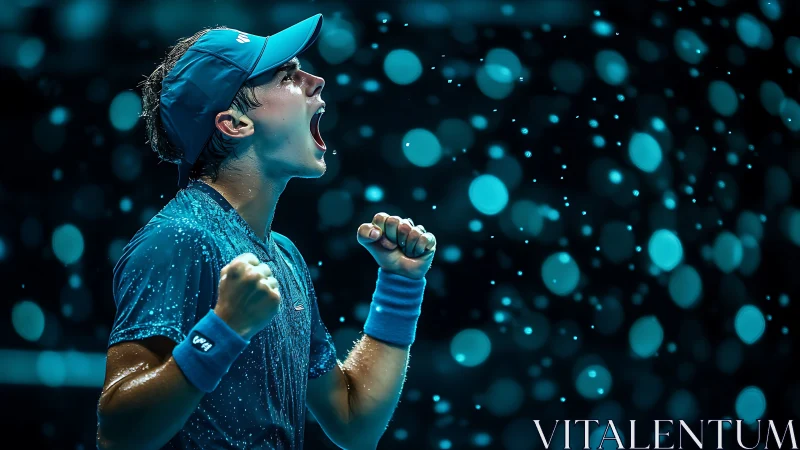 Triumphant tennis player under dramatic stadium rain.