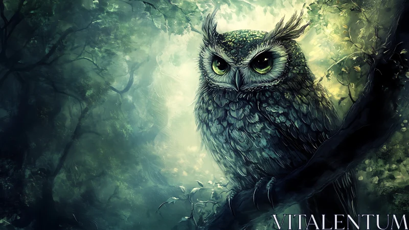 Majestic Owl Illustration in Mystical Forest With Dreamy Lighting.