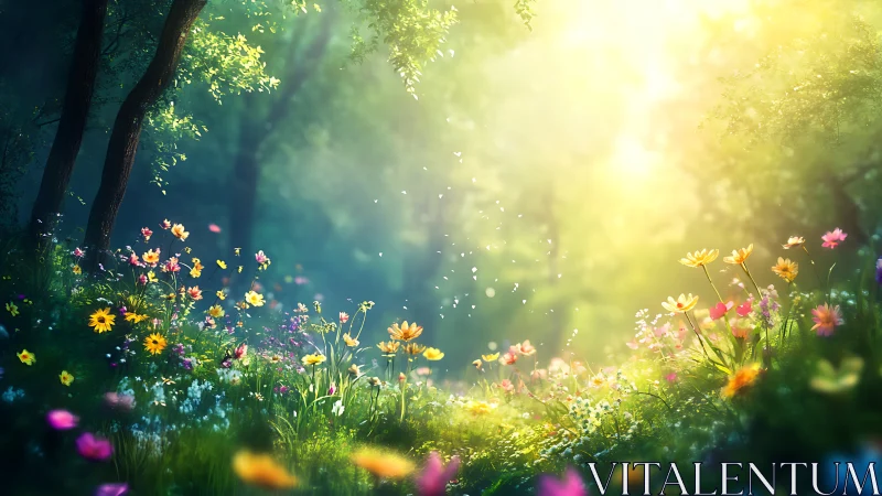 Sunlit forest meadow filled with vibrant wildflowers.