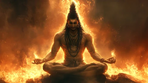 Meditating male figure sits in lotus pose amid surrounding fire