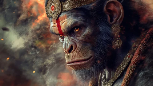 Simian warrior figure with ornate crown and jewelry.