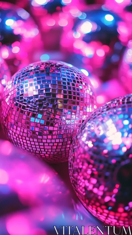 Neon mirror spheres juggle shards of light in electric pink haze