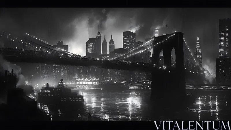 Noir riverside suspension bridge with backlit high‑rise skyline