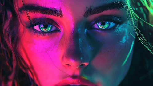 Neon-lit female portrait with iridescent eyes and hard rim lighting