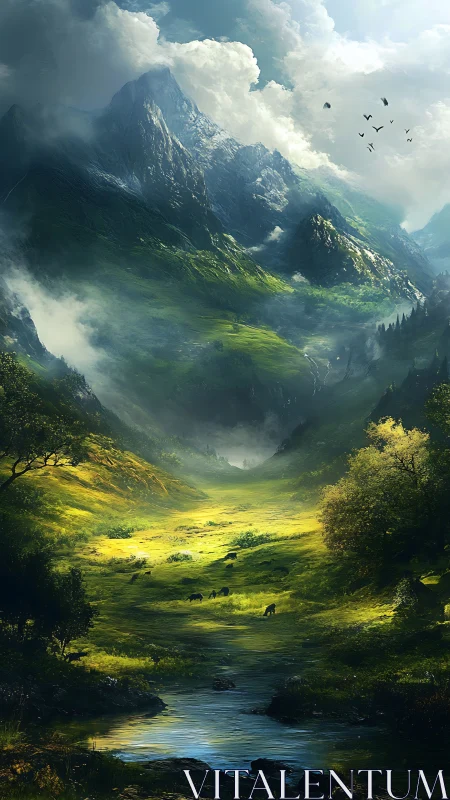 Sunlit alpine valley cuts through towering misted peaks.