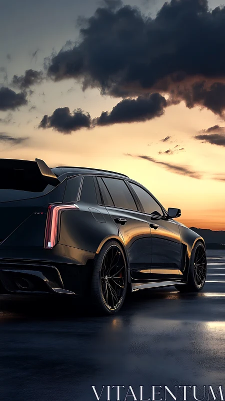 High-performance black SUV at dusk with reflective wet asphalt