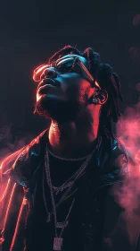 Neon-lit portrait of cool man in smoke and glossy jacket.