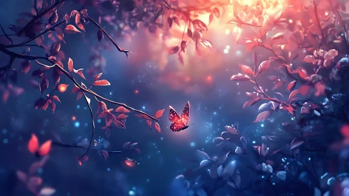 Glowing butterfly in colorful twilight forest scene.