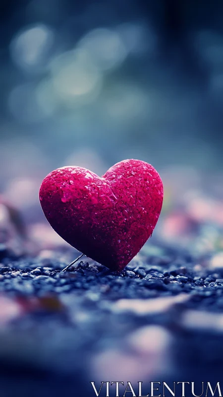 Crimson Heart Symbol on Stone Surface with Bokeh Sky.