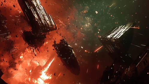 Epic starship battle drifting through a burning galaxy.