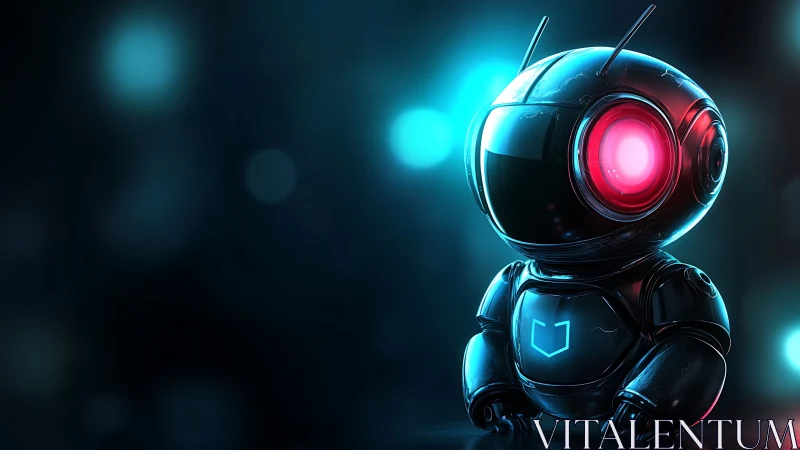 Futuristic chibi robot glows softly in neon cyber light