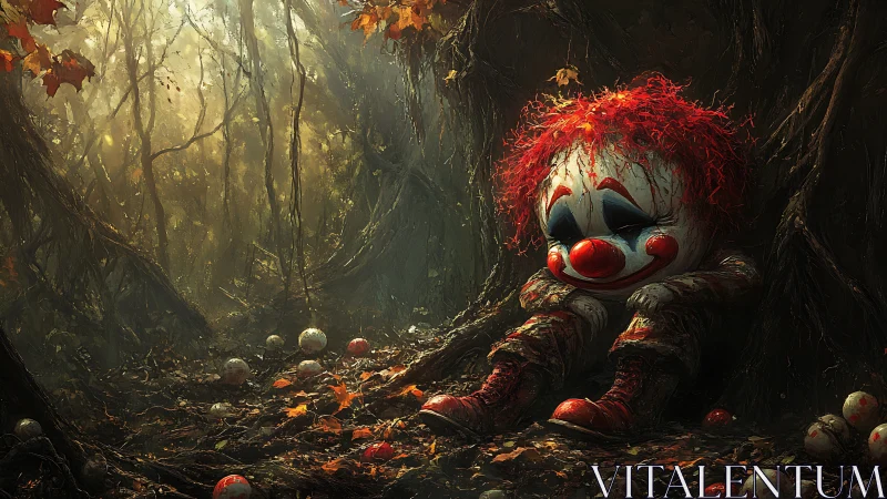 Desaturated forest corridor frames slumped clown figure in dappled light