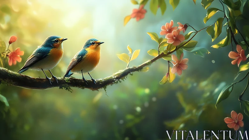 Two Colorful Birds on Branch in Lush Spring Garden, Digital Art.