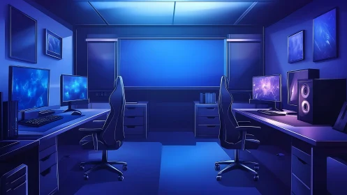 Midnight monitors hum softly inside this twin neon workspace